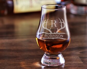 Rustic Monogram Whiskey Glass / Custom Glencairn Glasses / Scotch Glass / Bourbon Glass / Deer Glass / Hunting Whiskey Glasses / Deer Mount