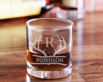 Rustic Monogram Whiskey Glass / Custom Rocks Glasses / Scotch Glass / Bourbon Glass / Deer Glass / Hunter Gift / Deer Antler Glass