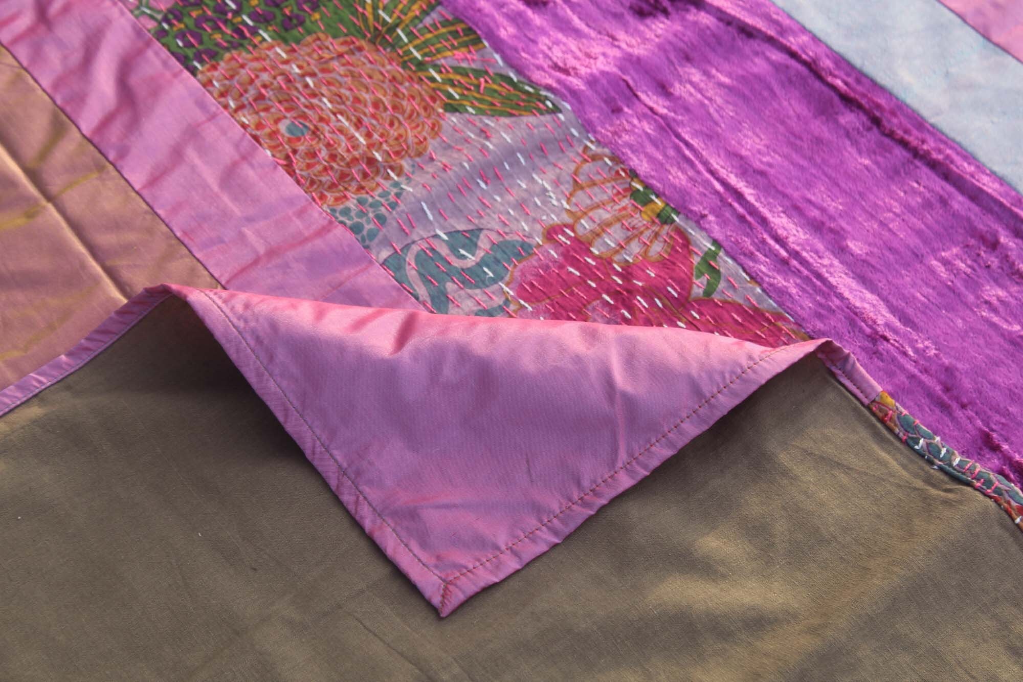 Velvet Patchwork Kantha Quilt Silk Kantha Bedspread Handmade Etsy