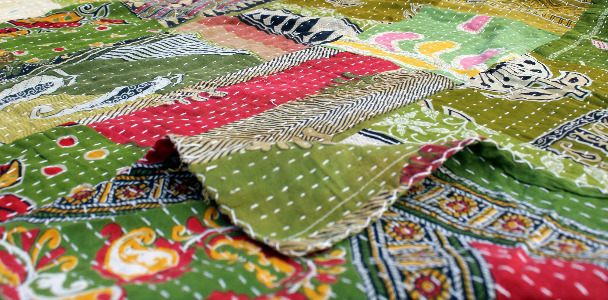 Green Queen Size Kantha Quilt Organic Cotton Vintage Kantha Etsy
