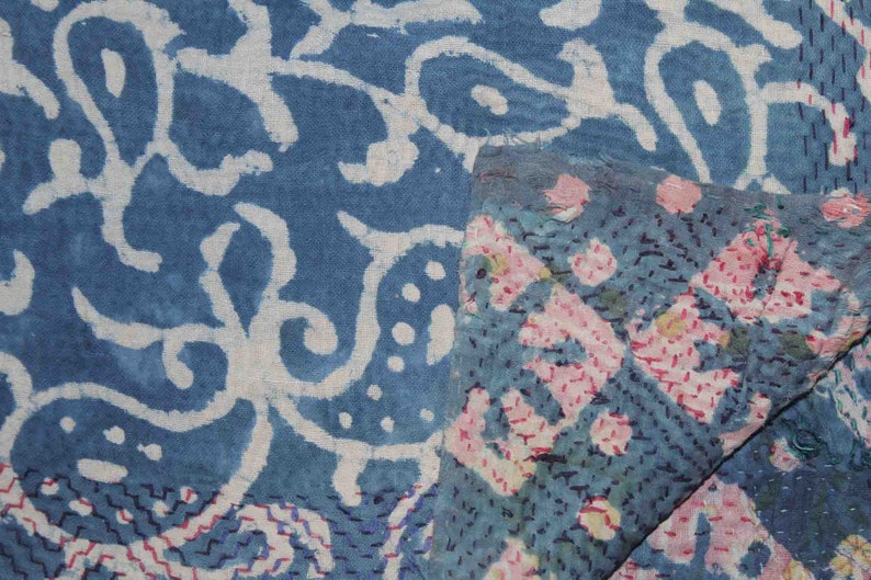 Handmade Indigo Kantha Quilt Vintage Cotton Sari Kantha Throw Reversible Indigo Kantha Bedspread Block Print Kantha Blanket Kantha Bed Cover