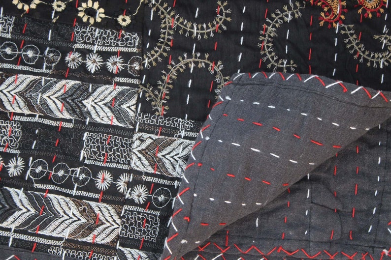 Black Patchwork Kantha Quilt Hand Embroidered Kantha Blanket Vintage Cotton Sari Kantha Bedspread Handmade Queen Size Kantha Throw