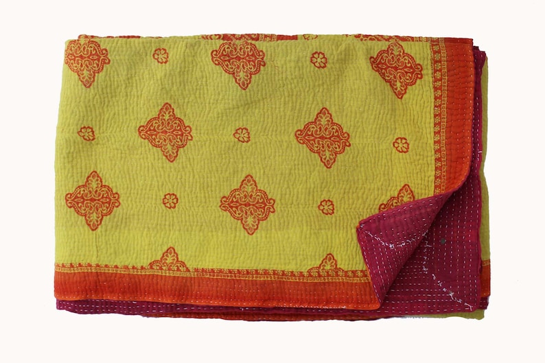 Vintage Reversible KanthaThrow Indian Cotton Kantha Quilt Floral Design Handmade Kantha Blanket Sari Kantha Bedspread Bohemian Bed Cover