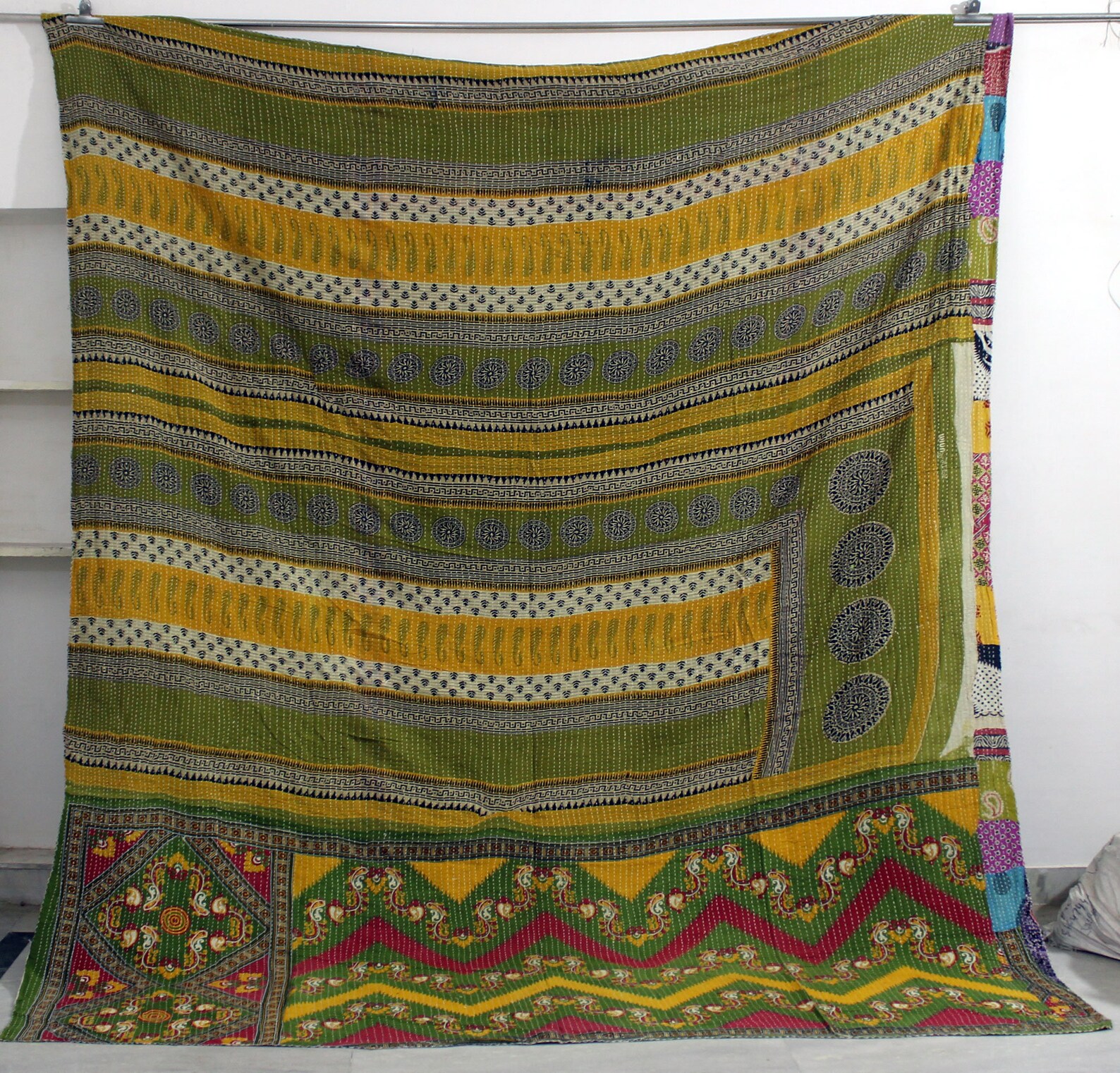 Green Queen Size Kantha Quilt Organic Cotton Vintage Kantha Etsy