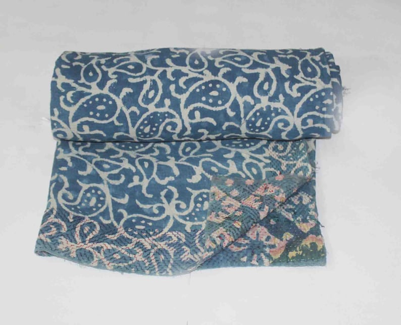 Handmade Indigo Kantha Quilt Vintage Cotton Sari Kantha Throw Reversible Indigo Kantha Bedspread Block Print Kantha Blanket Kantha Bed Cover