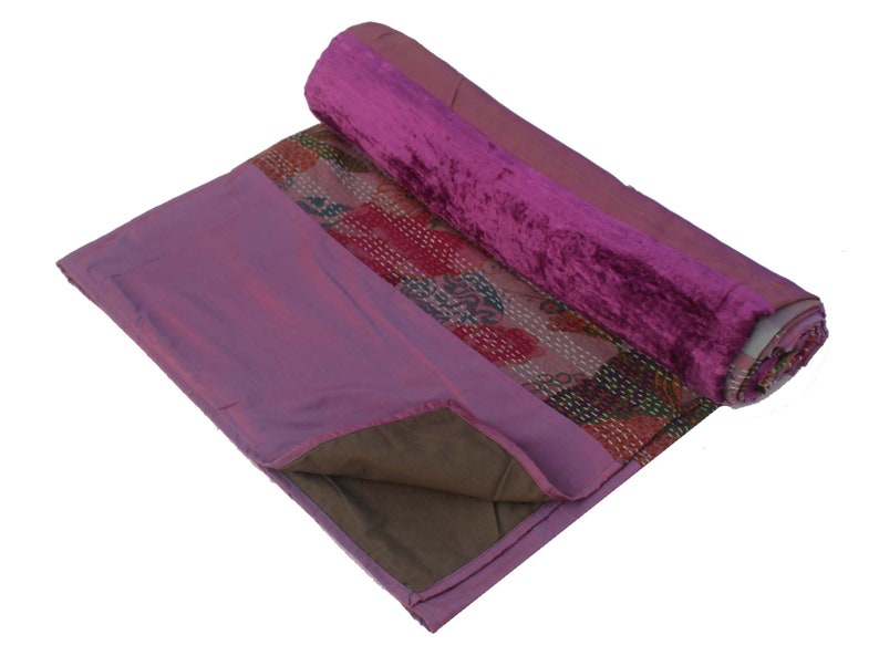Velvet Patchwork Kantha Quilt Silk Kantha Bedspread Handmade Etsy