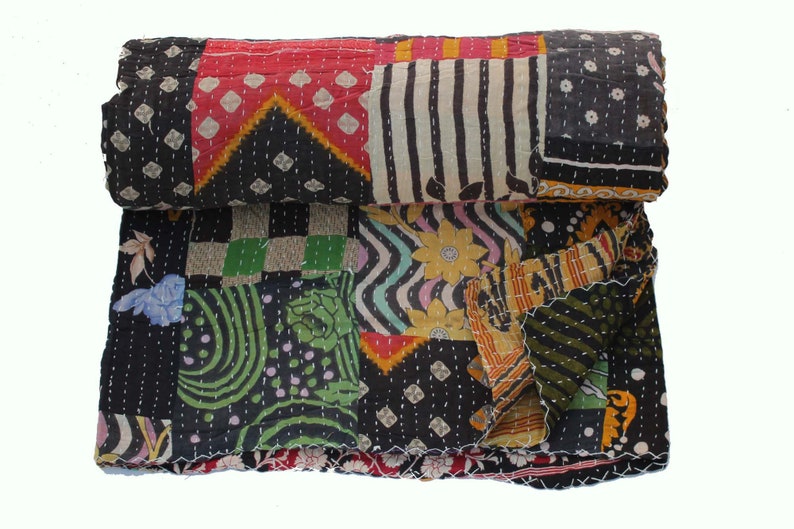 Black Handmade Kantha Quilt Indian Sari Patchwork Kantha Bedspread Vintage Queen Size Kantha Throw Hand Stitched Bohemian Kantha Blanket