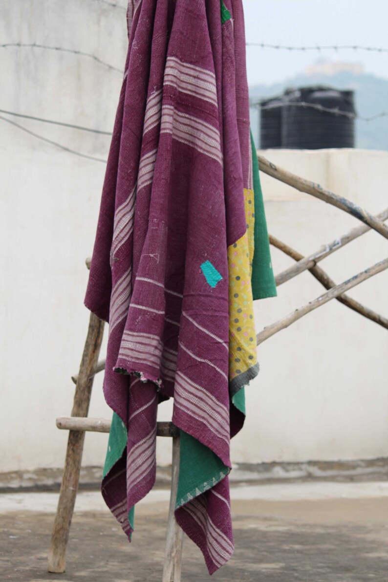 Vintage Reversible KanthaThrow Indian Cotton Kantha Quilt Handmade Kantha Blanket Cotton Sari Kantha Bedspread Bohemian Bed Cover