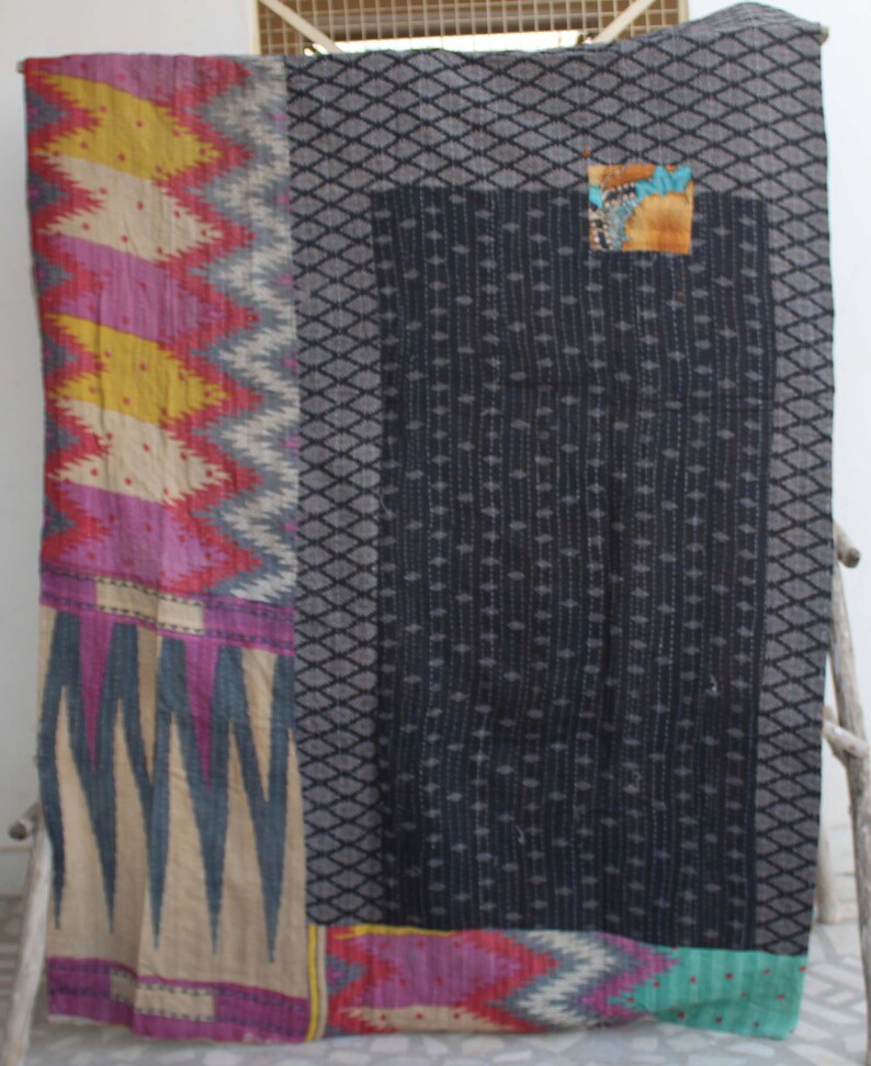 Indian Kantha Blanket Handmade Reversible Kantha Throw Cotton Sari Kantha Bedspread Bohemian Bed Cover Vintage Cotton Kantha Quilt