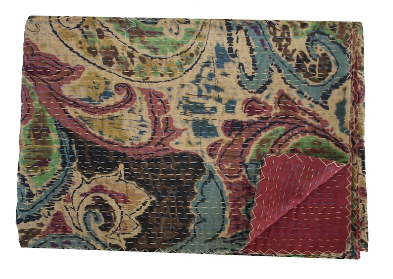 Handmade Kantha Quilt Indian Cotton Kantha Blanket Hand Stitched Kantha Bedspread Bohemian Kantha Bed Cover Kantha Picnic Throw