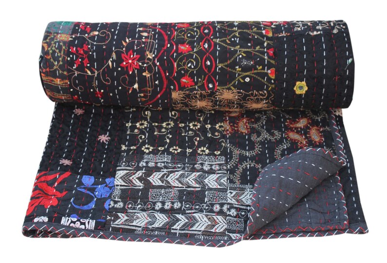 Black Patchwork Kantha Quilt Hand Embroidered Kantha Blanket Vintage Cotton Sari Kantha Bedspread Handmade Queen Size Kantha Throw