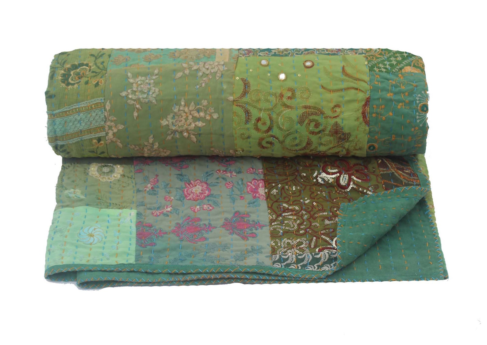 Green Assorted Patchwork Kantha Quilt Hand Embroidered Kantha Etsy