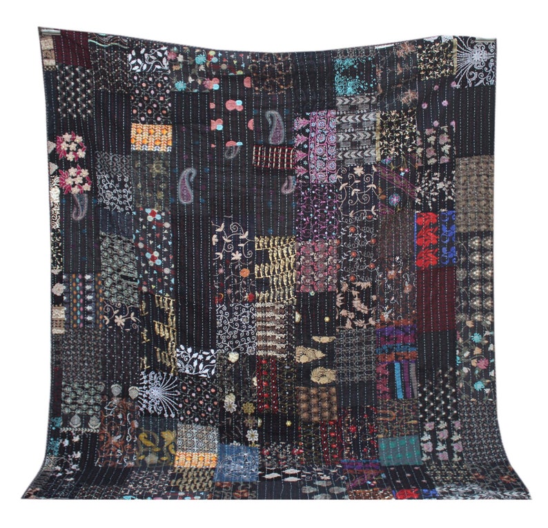 Black Patchwork Kantha Quilt Hand Embroidered Kantha Blanket Vintage Cotton Sari Kantha Bedspread Handmade Queen Size Kantha Throw