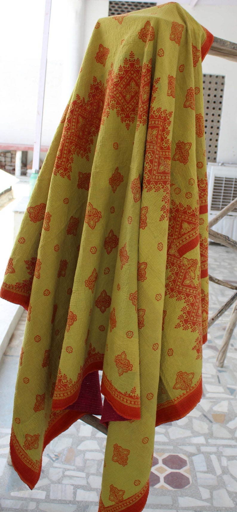 Vintage Reversible KanthaThrow Indian Cotton Kantha Quilt Floral Design Handmade Kantha Blanket Sari Kantha Bedspread Bohemian Bed Cover