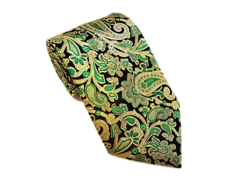 Gold and Green Paisley Tie, Mens Tie, Groomsmen Ties, Formal Ties, Luxury Silk Ties, Formal