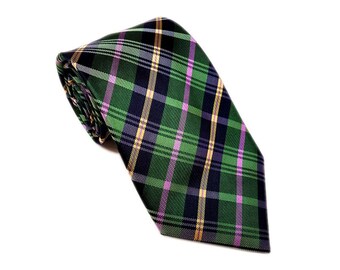 Green Plaid Tie, Silk Necktie, Wedding Tie, Groomsmen Tie, Neckties for Mens Fashion, Gift for Husband, Gift for Dad