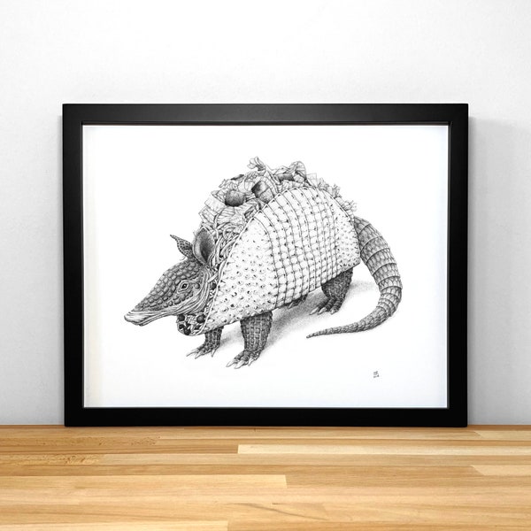 Tacodillo, armadillo taco, print of original ink drawing