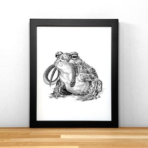 Hungry Toad eating Snake, print of black & white ink illustration