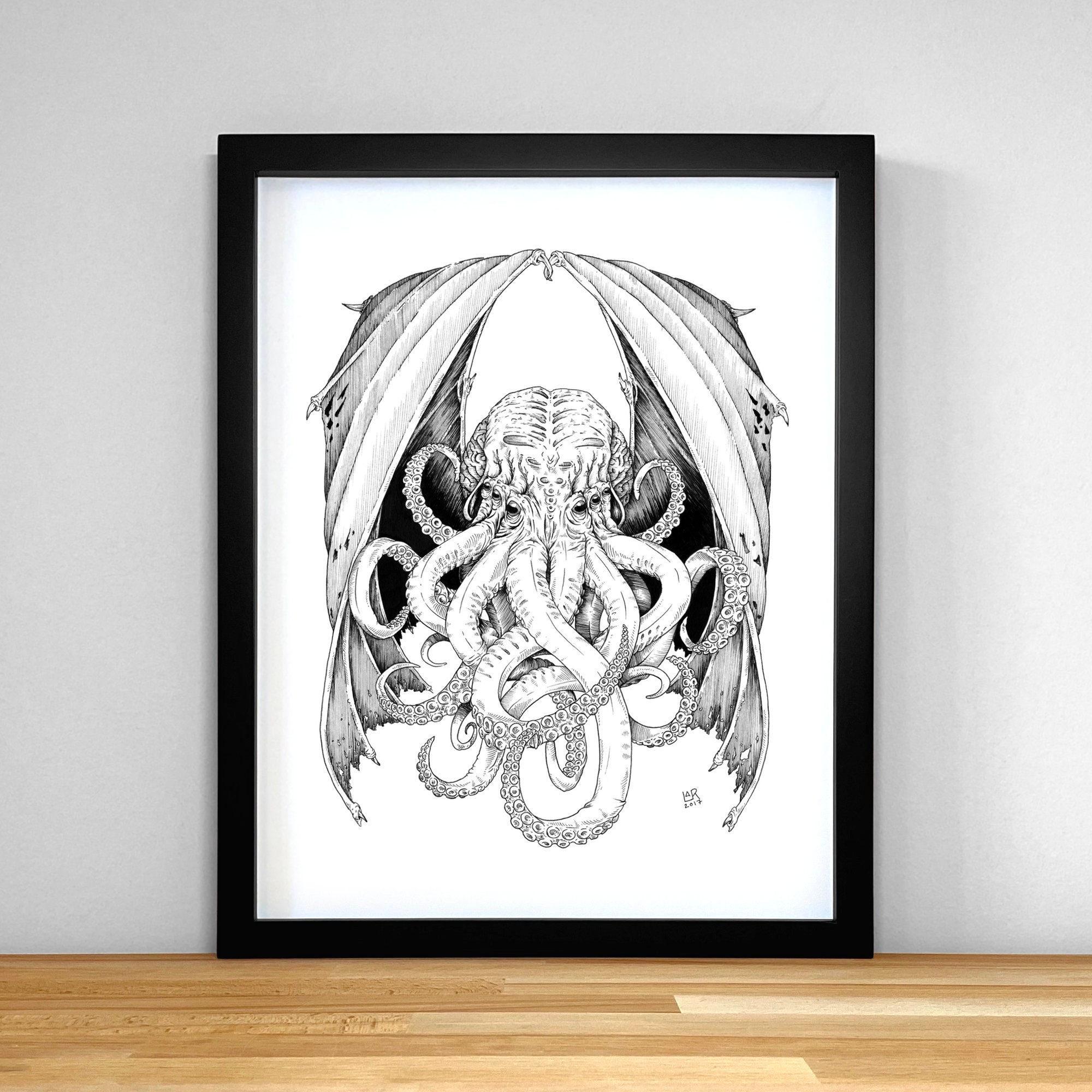 Cthulhu print of black &amp; white ink illustration | Etsy