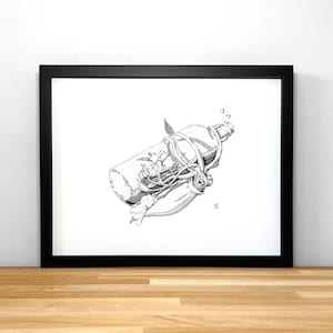 Tiny kraken with ship in a bottle, print of original ink drawing