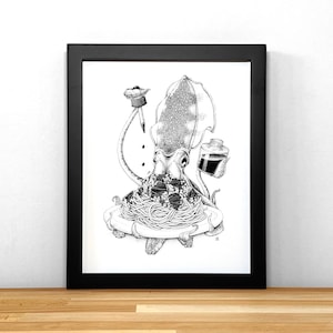 Squid Ink Pasta, print of black & white ink illustration