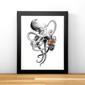 Octopus solving Rubik&#39;s Cube, print of original ink drawing