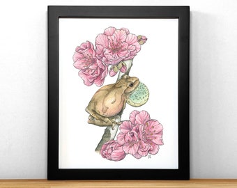 Spring Peeper Frog with Blossoms, print of original watercolor painting