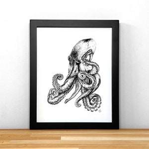 Octopus, print of black & white ink illustration