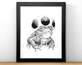 Toad dressed as Toad, print of black & white ink illustration