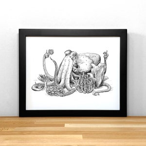 Octopus's garden, print of black & white ink illustration