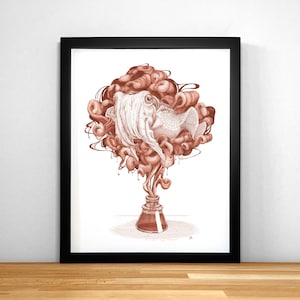 May include: A brown ink bottle with a swirling cloud of ink above it, depicting an octopus and a fish. The ink is dripping from the cloud into the bottle.
