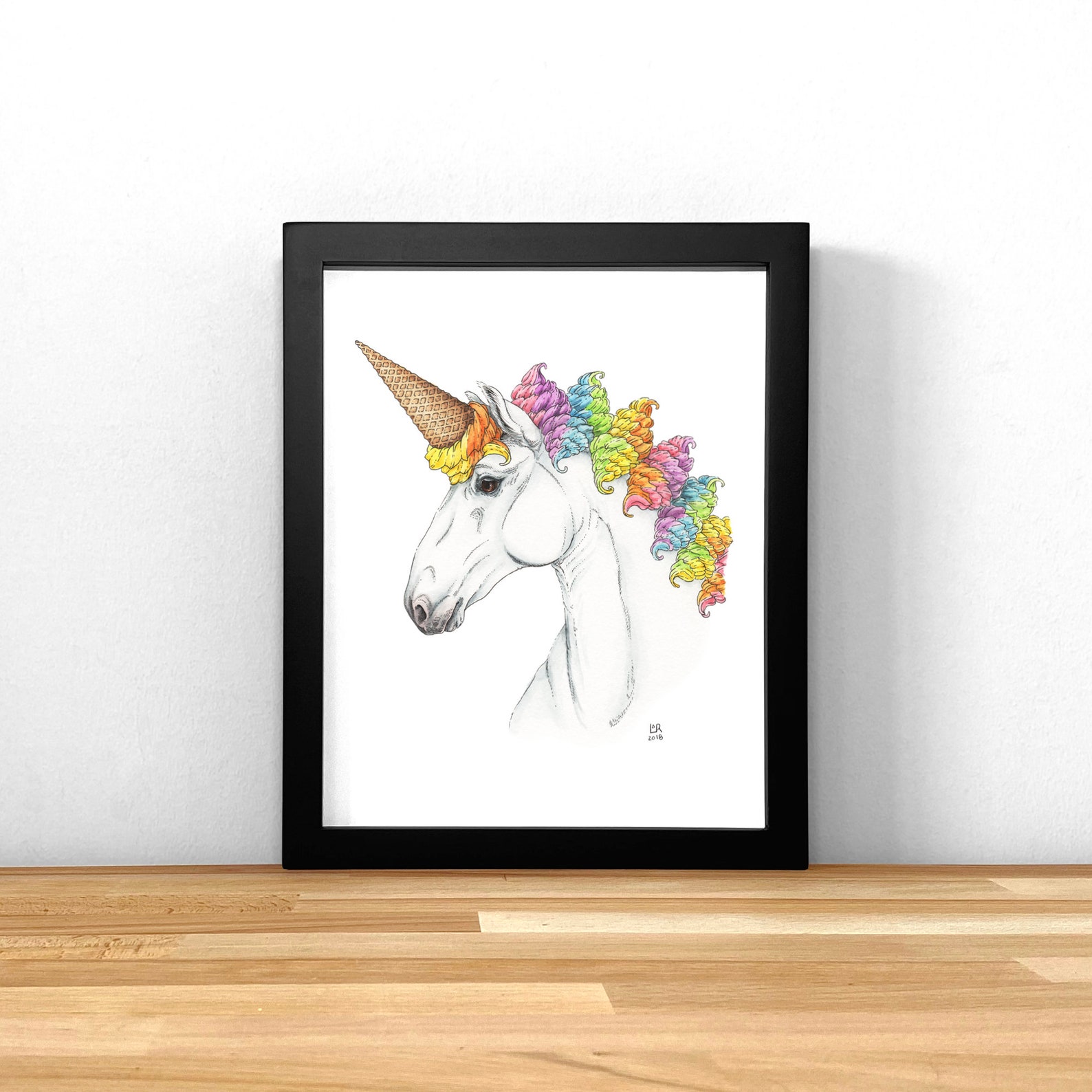 Ice Cream Cone Unicorn Print of Original Ink &amp; Watercolor - Etsy