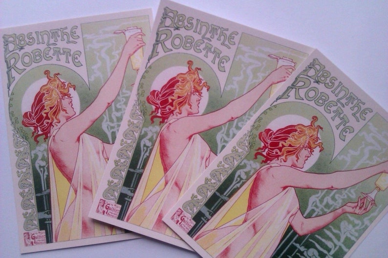 5 ART NOUVEAU /'Absinthe Robette/' erotic lithograph reproduction POSTCARDS La Belle Epoche risqu\u00e9 alcohol advertisement Privat Livemont 1896