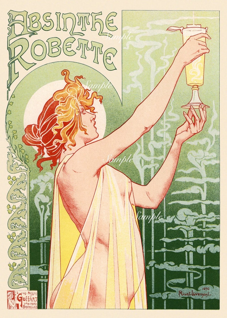 5 ART NOUVEAU /'Absinthe Robette/' erotic lithograph reproduction POSTCARDS La Belle Epoche risqu\u00e9 alcohol advertisement Privat Livemont 1896
