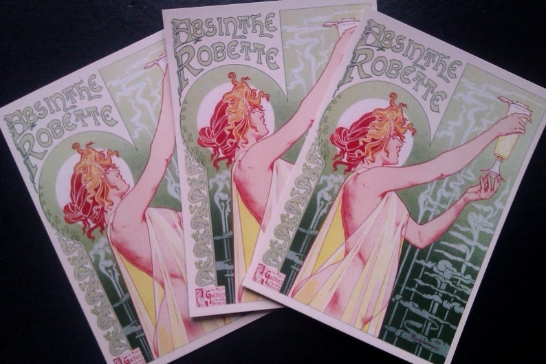 5 ART NOUVEAU /'Absinthe Robette/' erotic lithograph reproduction POSTCARDS La Belle Epoche risqu\u00e9 alcohol advertisement Privat Livemont 1896