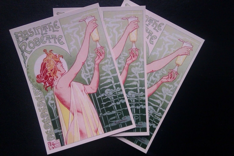 5 ART NOUVEAU /'Absinthe Robette/' erotic lithograph reproduction POSTCARDS La Belle Epoche risqu\u00e9 alcohol advertisement Privat Livemont 1896