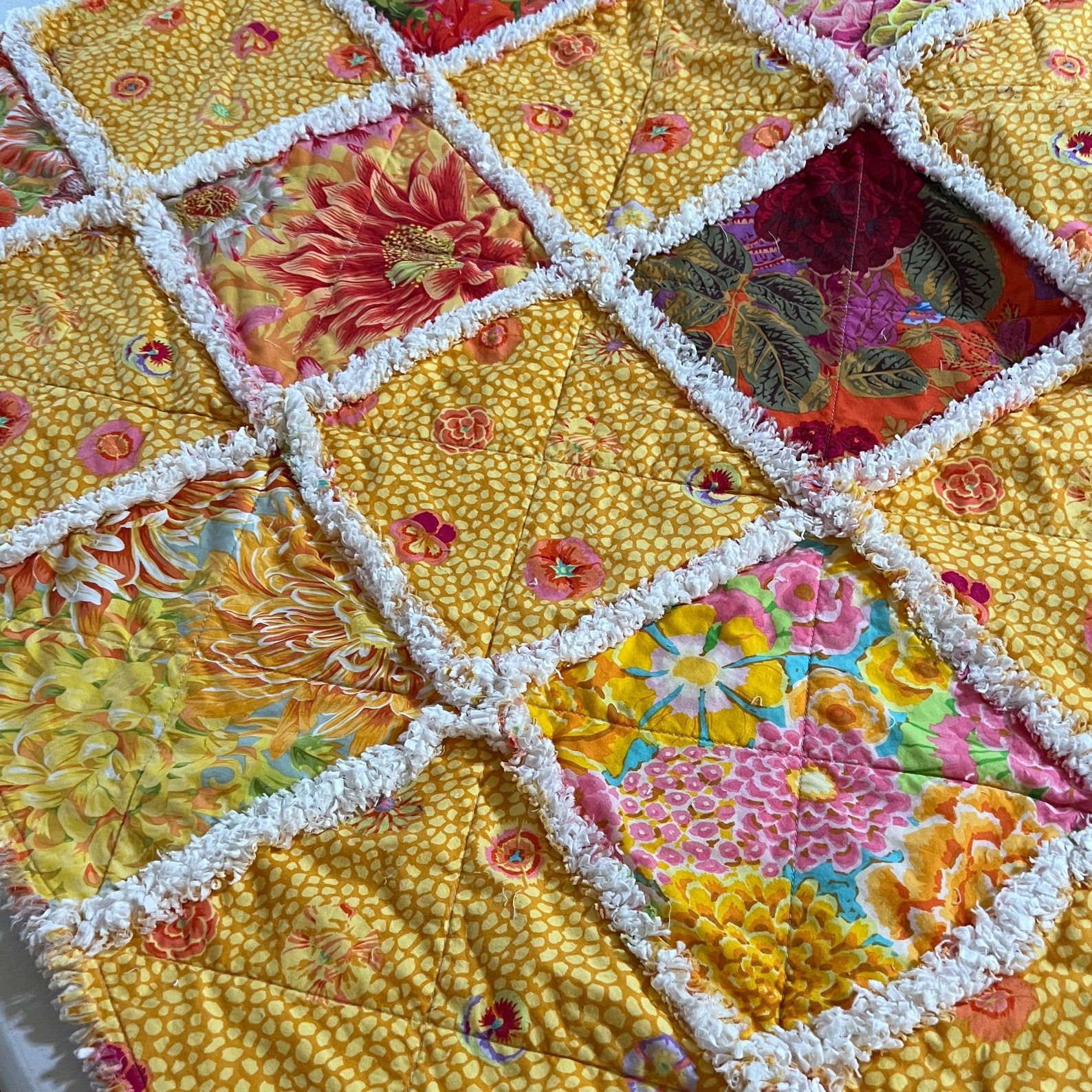 Rag Quilt Throw Floral Bright Colors Yellow Red Orange Green Etsy