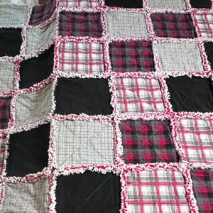 Large plaid all flannel rag quilt throw in red black white and gray