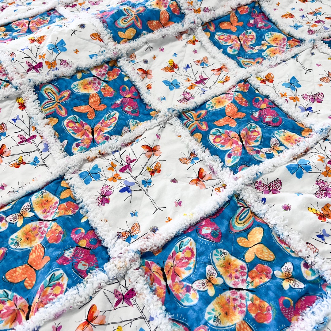 Large Rag Quilt Throw Whimsical Butterflies in Pinks Oranges Yellow ...