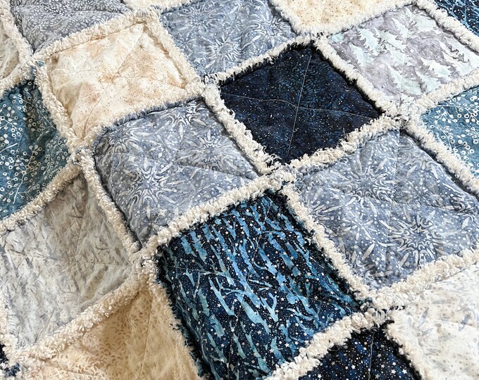 Batik Rag Quilt Throw in Magical Winter Shades of Blues and Creams With