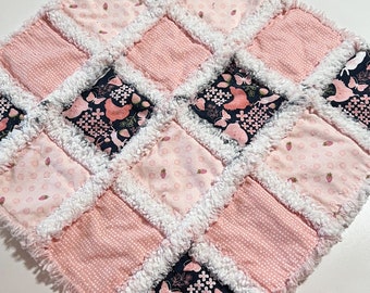 Baby rag quilt mini quilt lovey with chickens strawberries in peach white