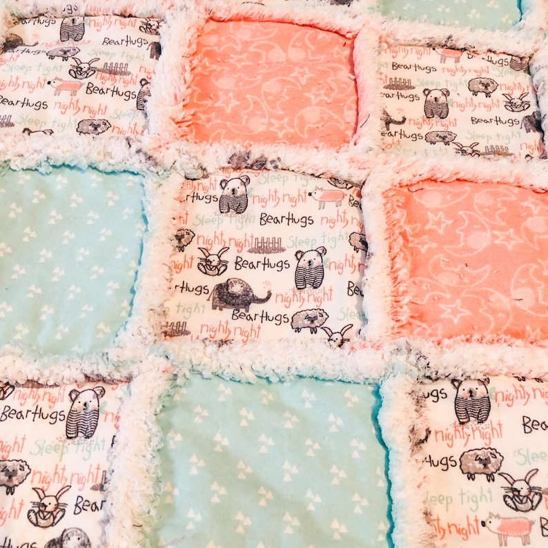 Crib size baby rag quilt woodland animals in delightful shades of peach mint gray white