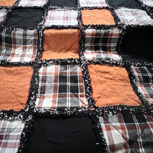 Large plaid all flannel rag quilt throw in gray, gold, black and white