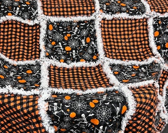 Halloween rag quilt throw bad to the bone dancing skeletons black orange white