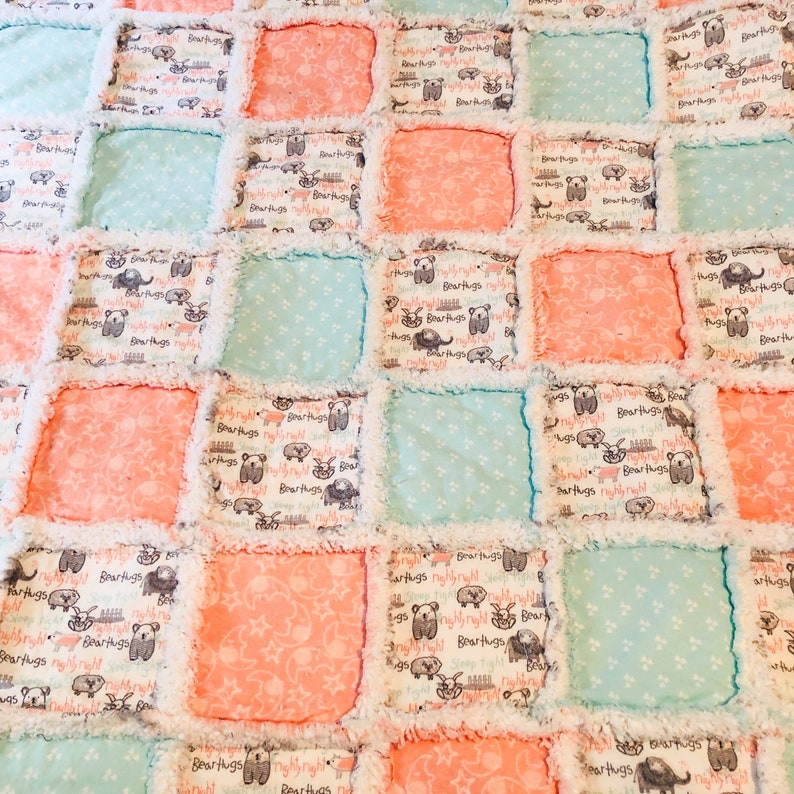 Crib size baby rag quilt woodland animals in delightful shades of peach mint gray white