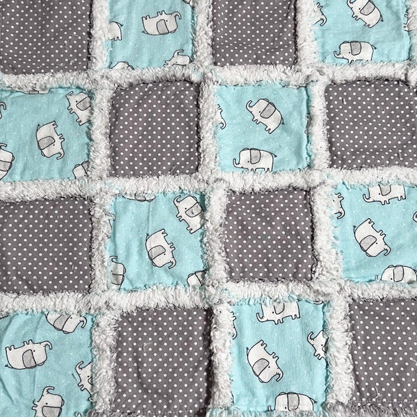 Baby rag quilt mini quilt lovey elephants on blue surrounded by black with white dots