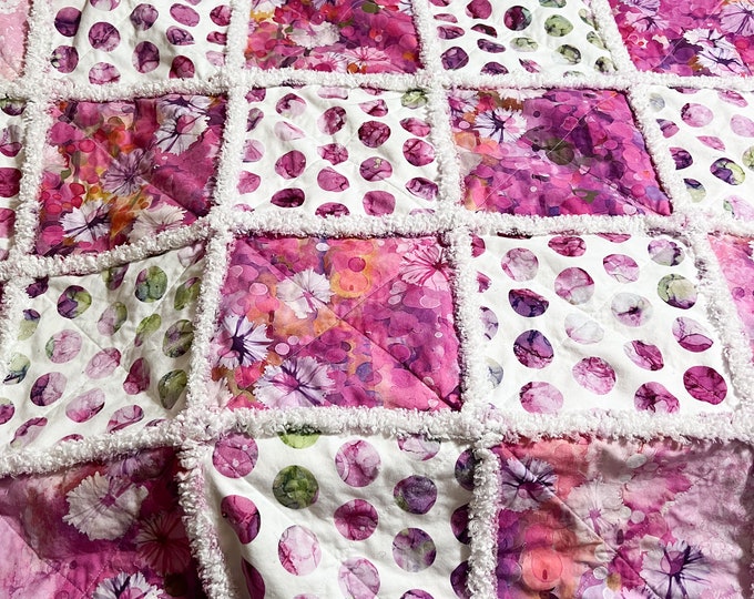 Large Rag Quilt Throw Modern Floral Print in Pink Lavender Green White ...