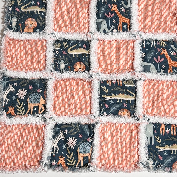 Baby boy rag quilt mini quilt lovey jungle theme lions crocodiles turtles blue orange white green