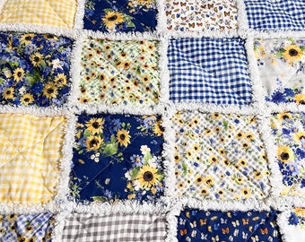 Rag quilt throw spring/summer blues and yellows