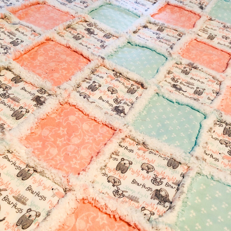 Crib size baby rag quilt woodland animals in delightful shades of peach mint gray white